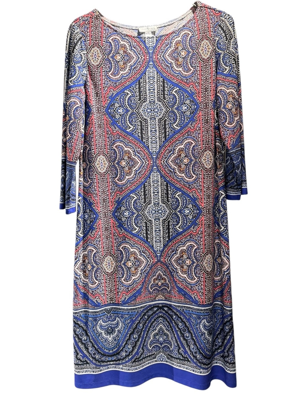 London Times Blue, Pink & Cream Paisley 3/4 Sleeve Women's Shift Dress Size 10